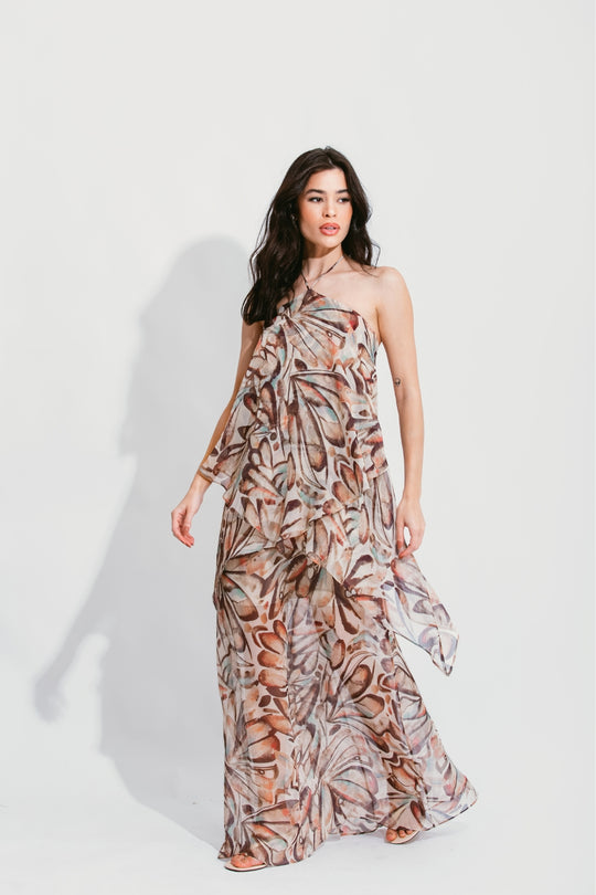 VESTIDO LONGO FRENTE ÚNICA ESTAMPADO