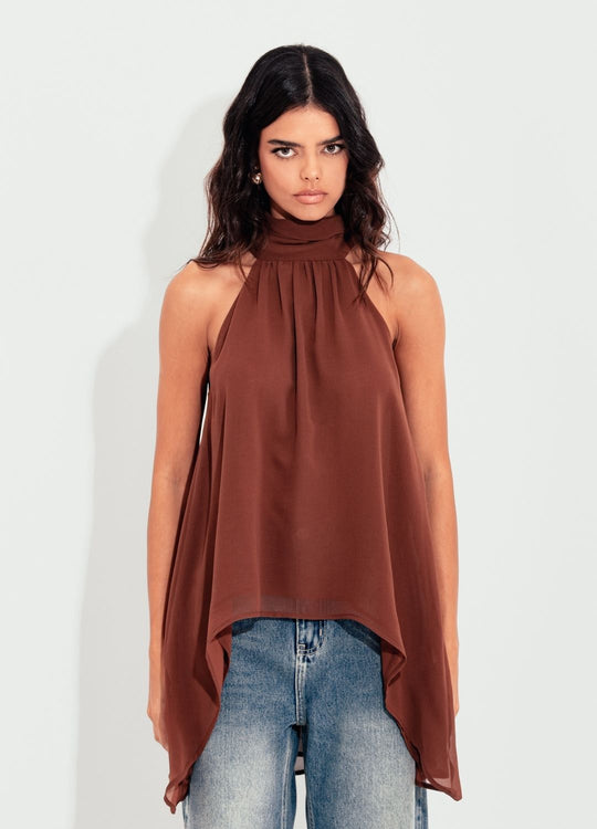 BLUSA GOLA ALTA ASSIMÉTRICA