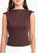 BLUSA GOLA ALTA PREGAS OMBRO MARROM