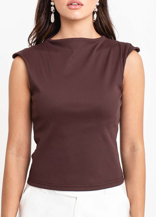 BLUSA GOLA ALTA PREGAS OMBRO MARROM