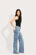 CALÇA PANTALONA BOLSO CARGO AZUL MÉDIO