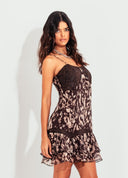VESTIDO COM RENDA E BABADOS ESTAMPADO